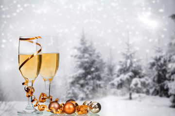 Champagne against winter background