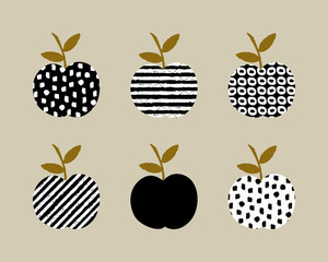 Plakaty  Ręcznie rysowane wzór z jabłkami w kolorze czarnym, białym i ochry.