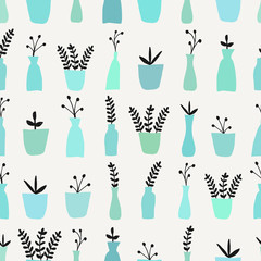Seamless pattern with hand drawn plants in pots.