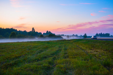 car on a misty morning drive towards the forest fog