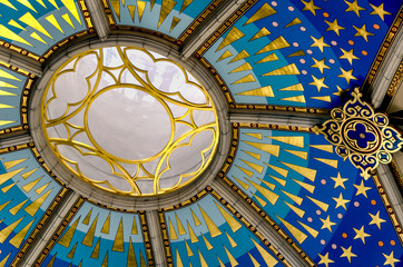 Detail of interior dome ceiling at Almudena Cathedral in Madrid