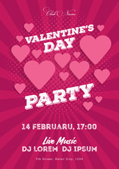 Valentine's Day party invitation flyer. The template for the club, musical evenings. Speech by musicians, DJs. Night festive party. Background with hearts. Vector illustrations