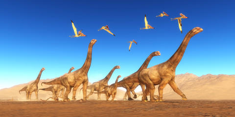 Brontomerus Dinosaur Desert - A flock of Thalassodromeus reptiles fly over a herd of Brontomerus dinosaurs crossing a desert area.