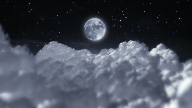 Flying through clouds at night. Starry sky with full moon. Loopable.