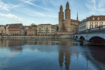 ZURICH, SWITZERLAND - 28 OCTOBER 2015 : Grossmunster church in Limmat River, City of Zurich, Switzerlan