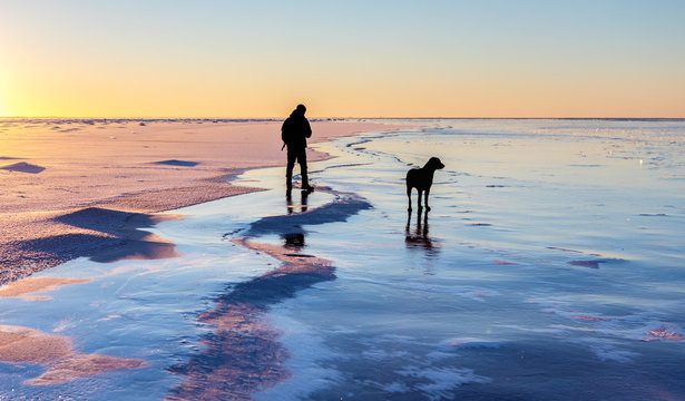 Man walking dog on icy sea, Finland 