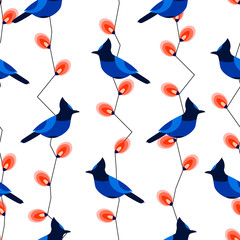 Seamless pattern with blue jay and garland with lights. Ornament for textile and wrapping. Vector background.