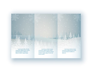 christmas leaflet, new year card with winter scene, spruses on the hill, snowfall in the air. vector illustration
