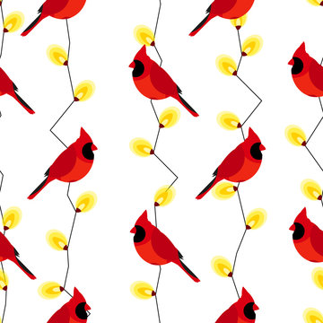 Seamless pattern with red cardinal and garland with lights. Vector background.