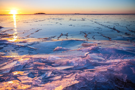 Frozen lake at sunset, Finland 