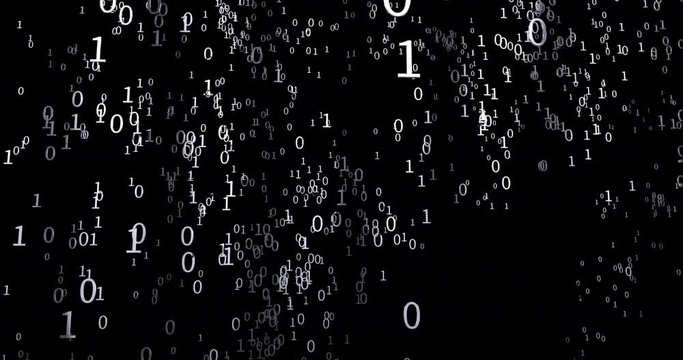 4K moving background of swirling smoke like chrome binary numbers over black.  Great for technology, communications, IT, business, or computer applications.