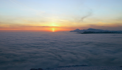 Fantastic landscape glowing by sunlight. Natural park. Carpathian, Ukraine, Europe. Beauty world. Happy New Year!!