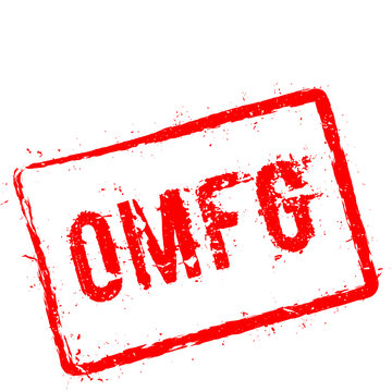 Omfg red rubber stamp isolated on white background. Grunge rectangular seal with text, ink texture and splatter and blots, vector illustration.