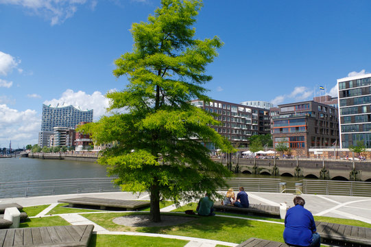 HAMBURG, GERMANY - JUNE 18, 2015: little park with trees and resting peoples on beanches the waterside