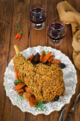 Leg of lamb baked with spicy bread crust