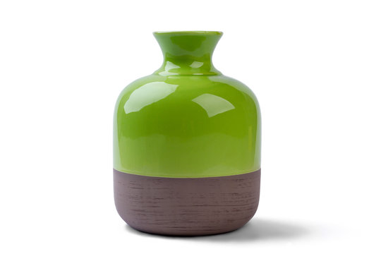 Two-tone vase isolated. Ceramic vase on white background. Decorate house with shiny vase. Best pottery for home.