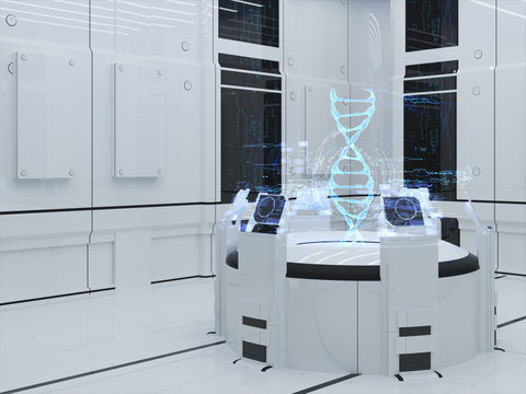 Futuristic Interior. Projection hologram DNA