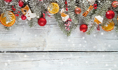 Christmas garland decoration placed on wooden planks