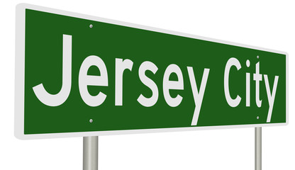 A 3d rendering of a green highway sign for Jersey City, New Jersey