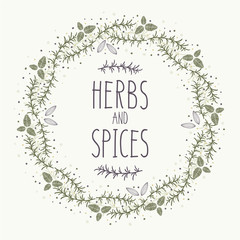 Hand Drawn Herbs and Spices Wreath. 