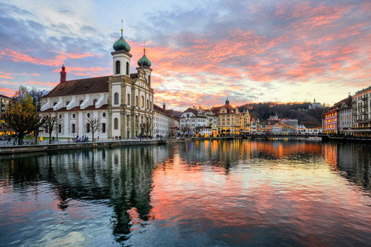 Sunset over the old town of Lucerne, Switzerland