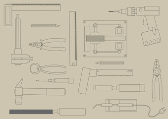 A set of hand tools for productive work. Production on the drawing model. Vector illustration.