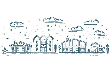 Winter Cityscape. Vector illustration with houses, clouds and snow