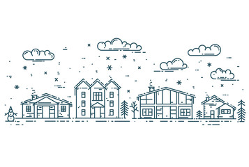 Fototapeta premium Winter Cityscape. Vector illustration with houses, clouds and snow