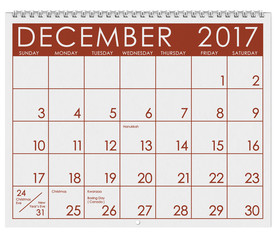 2017: Calendar: Month Of December With Christmas Holiday