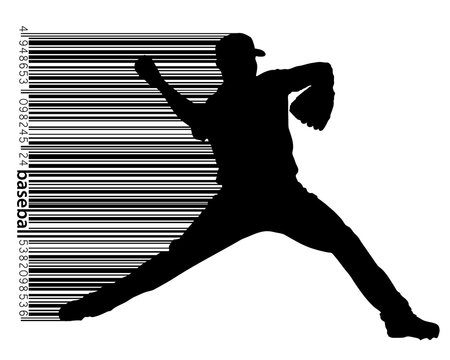 silhouette of a baseball player and barcode