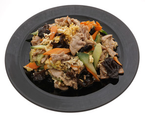 Pork with eggs and mushrooms with vegetables