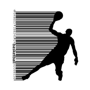 Silhouette of a basketball player and barcode.