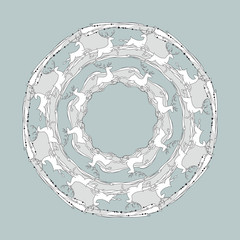 Round pattern. Mandala with deers on a grey background.