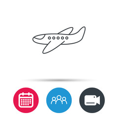 Airplane icon. Aircraft travel sign. Flight transport symbol. Group of people, video cam and calendar icons. Vector