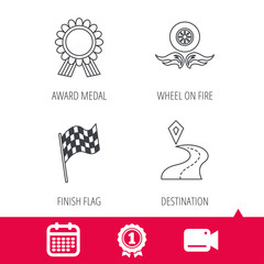 Achievement and video cam signs. Winner award medal, destination and flag icons. Race flag, wheel on fire linear signs. Calendar icon. Vector