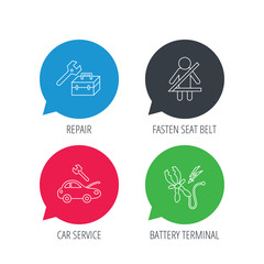 Colored speech bubbles. Repair, battery terminal and car service icons. Fasten seat belt linear sign. Flat web buttons with linear icons. Vector