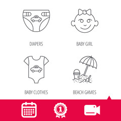 Achievement and video cam signs. Newborn clothes, diapers and baby girl icons. Beach games linear sign. Calendar icon. Vector