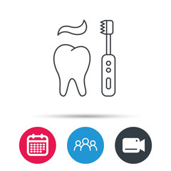 Brushing teeth icon. Electric toothbrush sign. Toothpaste and tooth symbol. Group of people, video cam and calendar icons. Vector