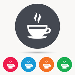 Coffee cup icon. Hot tea drink symbol. Colored circle buttons with flat web icon. Vector