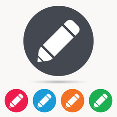 Edit icon. Pencil for drawing symbol. Colored circle buttons with flat web icon. Vector