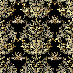Baroque seamless pattern. Damask wallpaper. Ornate floral background with antique decorative 3d  flowers,leaves and baroque ornaments. Vector fabric textile pattern.
