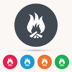 Fire icon. Blazing bonfire flame symbol. Colored circle buttons with flat web icon. Vector