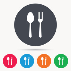 Food icons. Fork and spoon signs. Cutlery symbol. Colored circle buttons with flat web icon. Vector