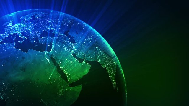Spinning Earth with shinning city lights. Loopable. Green/blue. Close-up.