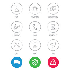 Fototapeta premium Teamwork, presentation and phone call icons. Chat speech bubble, hourglass and bird linear signs. Smoking, pyramid icons. Video cam, hazard attention and internet globe icons. Vector