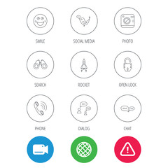 Phone call, chat speech bubble and photo camera icons. Social media, smile and rocket linear signs. Video cam, hazard attention and internet globe icons. Vector