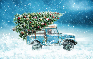 Weihnachtsbaumtransport im Schneegestöber, 