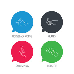 Colored speech bubbles. Pilates, bobsled and horseback riding icons. Ski jumping linear sign. Flat web buttons with linear icons. Vector