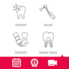 Achievement and video cam signs. Toothpaste, dental tubules and toothache icons. Drilling tool linear sign. Calendar icon. Vector