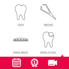Achievement and video cam signs. Dental braces, fillings and tooth icons. Tweezers linear sign. Calendar icon. Vector